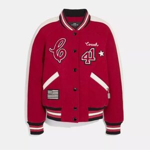 COACH Women's Wool and Goat Leather Red and White Varsity Bomber Jacket Size XS